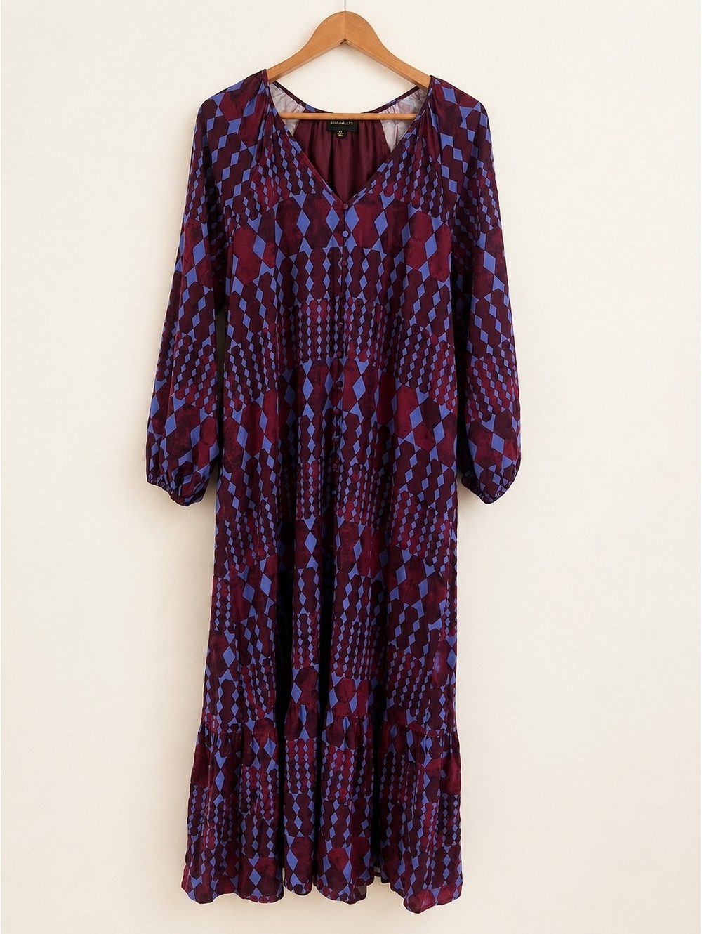 Sugarlips Long Sleeve Midi Dress in Burgundy and Blue Geometric Print, Size M